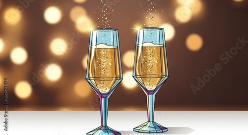Two elegant champagne flutes filled with bubbly golden liquid and effervescent bubbles are depicted in a stylish illustration, with a blurred background of warm glowing orbs and a white surface...