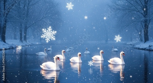 Peaceful winter scene featuring a group of elegant white swans gracefully gliding across a tranquil, blue water surface.