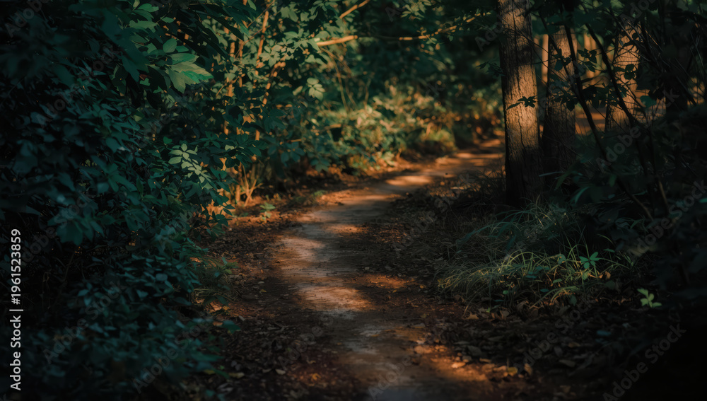 Obraz premium Sunlit forest trail winding through dense green woodland with soft warm light