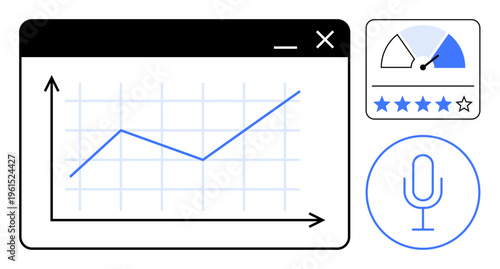 Data analysis concept. Data trends via line graph with tools thumbs up rating indicator and voice interaction. Data analysis aids business, tech, communication, and AI innovations