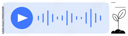 Audio technology, sustainability, growth, eco-friendly media, nature communication, innovation. A play button with a waveform and a growing plant. Audio technology and sustainability concept