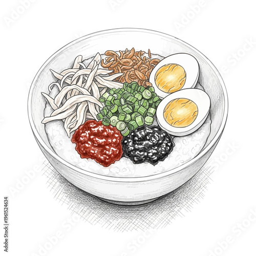 Congee with toppings: chicken, egg, chili, and garnishes in a white bowl, sketch style.