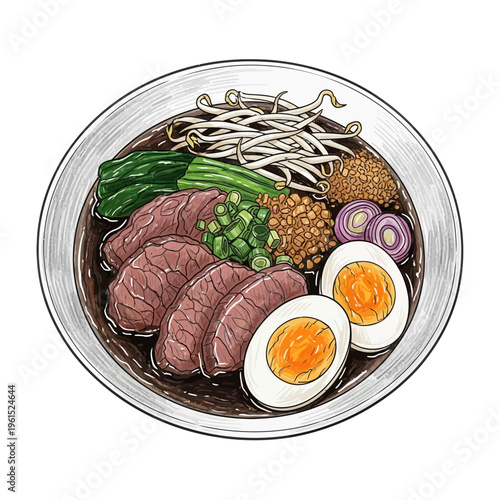 Delicious Asian noodle soup with meat, egg, and vegetables