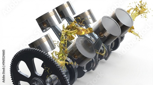 Engine Heart Piston power with oil splash on white background.