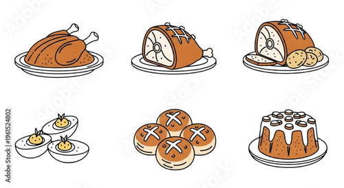 Easter Food Color Icon Set Roast Chicken Ham Eggs Buns Cake Holiday Meal Vector