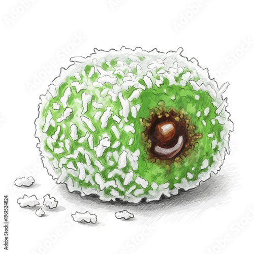 Green coconut ball dessert with chocolate filling, hand-drawn illustration
