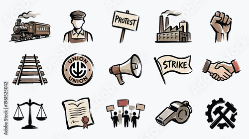 A collection of icons representing labor, unions, protests, and industry, including a train, factory, and protest signs.