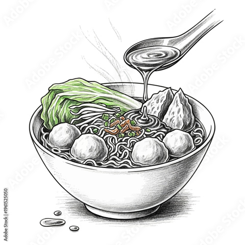 Hand-drawn illustration of a steaming bowl of noodle soup with meatballs and bok choy.