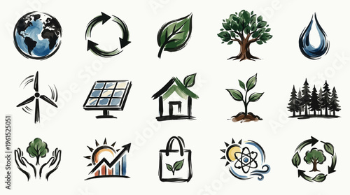 A collection of watercolor icons representing environmental sustainability, renewable energy, and nature conservation.