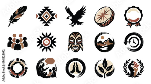 Collection of Indigenous and cultural symbols including feathers, geometric patterns, animals, masks, and community representations.