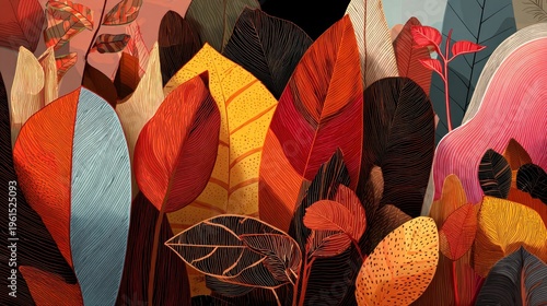 Vibrant, textured foliage composition displays rich autumnal and warm color palettes.