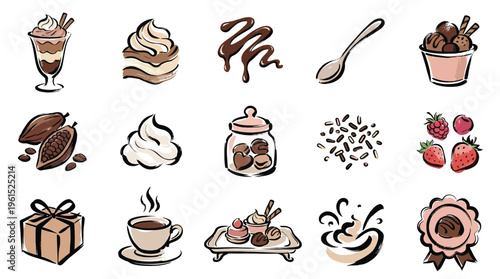 A delightful collection of hand-drawn illustrations featuring various chocolate-themed desserts, ingredients, and related items, presented in a charming, artistic style.