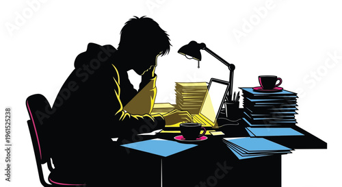 Silhouette illustration of a dedicated student or focused professional working late at night illuminated by a glowing laptop screen surrounded by books and papers