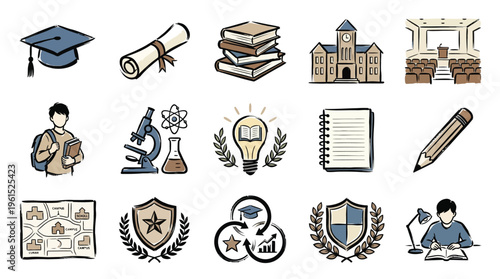 Collection of educational icons and symbols representing learning, academia, and student life, including graduation caps, books, and scientific equipment.