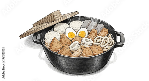 Japanese Oden Hot Pot Dish with Eggs, Tofu, and Udon Noodles