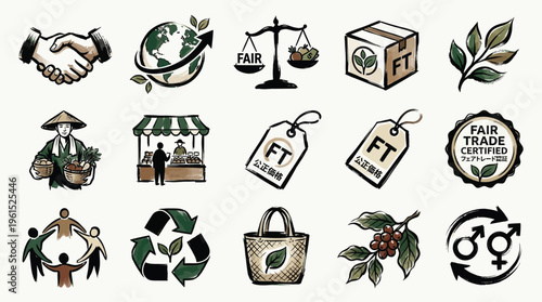 A collection of hand-drawn icons representing fair trade principles, sustainability, and ethical commerce, including symbols for partnership, global responsibility, and eco-friendly products.