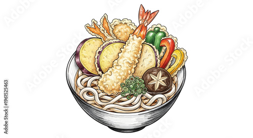 Japanese Udon Noodle Soup with Tempura and Vegetables