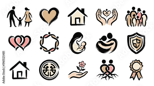 Collection of stylized icons representing family, love, home, security, and community support.