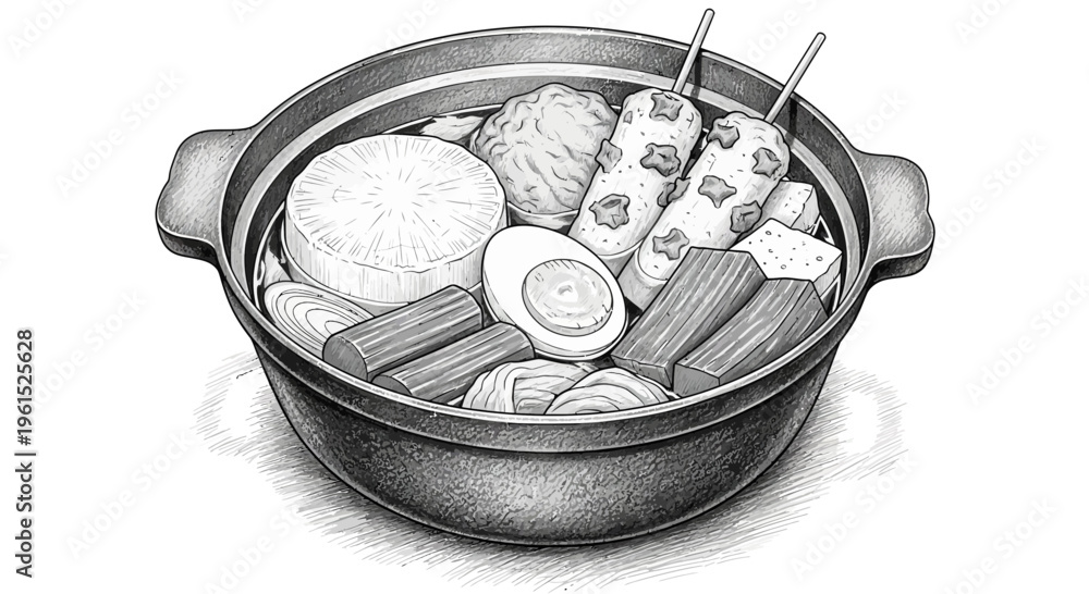 Fototapeta premium Oden hot pot illustration, Japanese winter dish