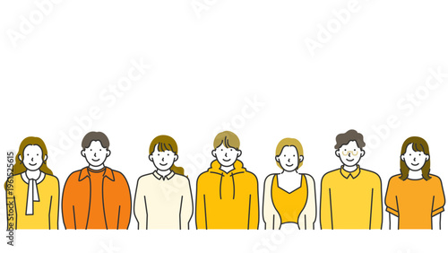 Panoramic line art banner with a wide open header canvas above street fashion gen z males and females standing side by side in moods that swing from spirited enthusiasm to cool relaxed confidence