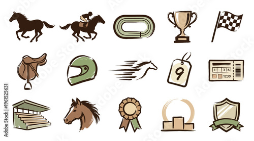 Collection of horse racing icons including horses, jockeys, track, trophy, saddle, helmet, and checkered flag.