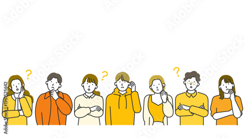 Wide line art banner with empty upper zone above street fashion gen z males and females whose body language and facial cues broadcast confusion second guessing and unresolved inner tension