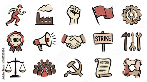 Collection of hand-drawn icons representing labor, unions, strikes, industry, and social justice movements.
