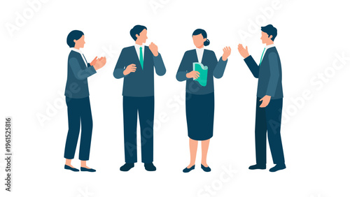 Four business professionals in suits having an informal standing meeting and communicating effectively together in a modern workspace environment