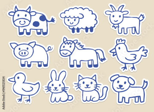 Hand Drawn Farm Animal Sticker Set with Cute Cow, Sheep, Goat, Pig, Horse, Chicken, Duck, Rabbit, Cat, and Dog. Children's Drawing Style with Crayon Line Art.