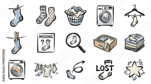 A collection of hand-drawn icons depicting various aspects of laundry, including socks, washing machines, clotheslines, and lost items.