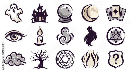 A collection of spooky and mystical icons representing Halloween, witchcraft, and the supernatural.
