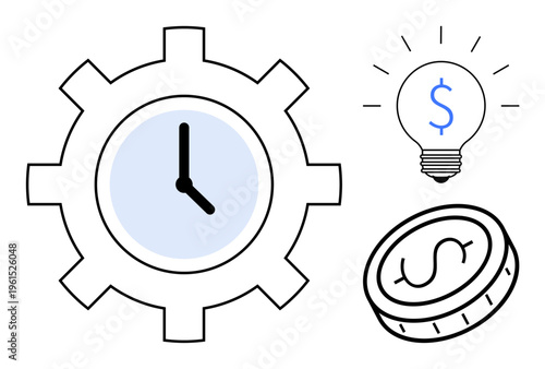 Time management, productivity, financial planning, innovation, efficiency, business strategy. A clock in a gear, a dollar sign in a light bulb and a coin. Time management and productivity concept