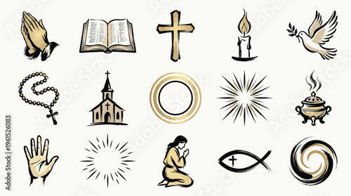 A collection of religious symbols and icons, including a bible, cross, praying hands, dove, church, and candle.