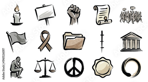 A collection of hand-drawn icons representing various social justice and human rights themes, including protest, law, and advocacy.