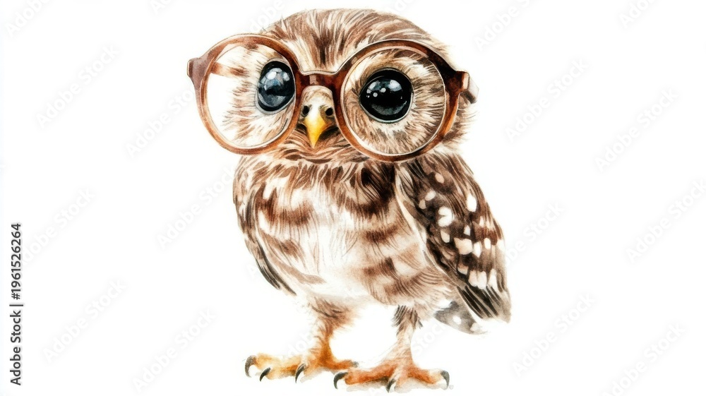 Obraz premium Wise owl scholar wearing eyeglasses perched elegantly on a stark white background intellectual bird.
