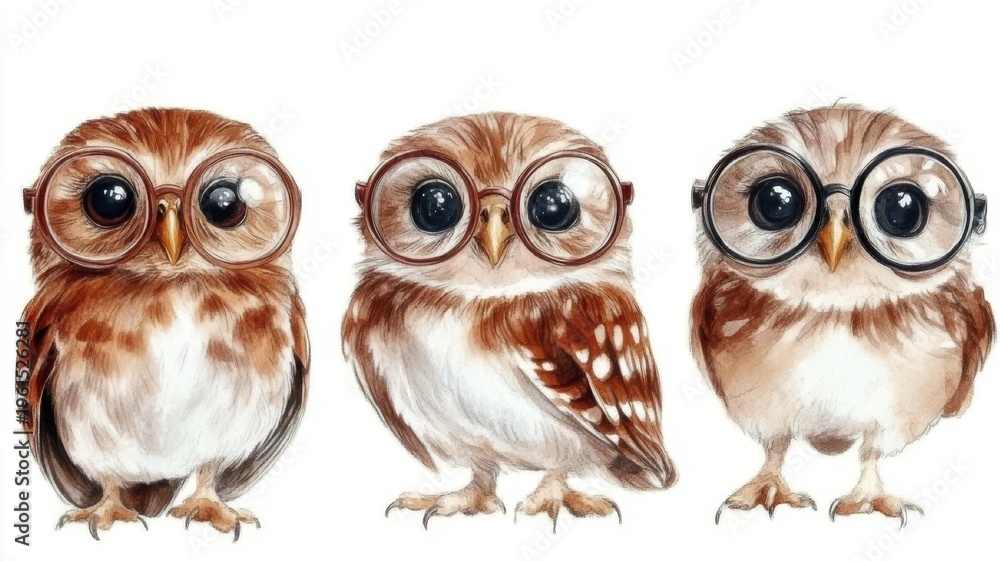 Fototapeta premium Three wise owls wearing reading glasses on a bookshelf symbolizing knowledge and education.