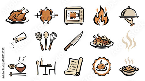 A collection of hand-drawn icons representing various aspects of cooking and food preparation, including roasted chicken, kitchen utensils, and dining settings.