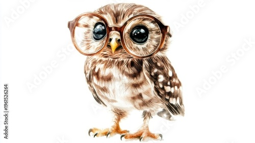 Wise owl scholar wearing eyeglasses perched elegantly on a stark white background intellectual bird.