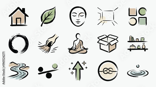 A collection of minimalist icons representing concepts of mindfulness, nature, and organization.