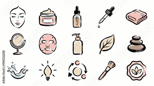 A collection of hand-drawn icons representing skincare and beauty products and treatments, including facial features, creams, serums, masks, and spa elements.