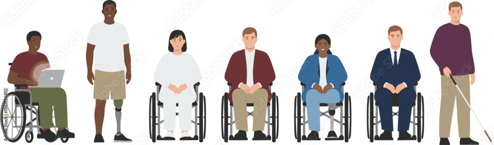 Fototapeta premium Diverse group of people with disabilities featuring wheelchair users prosthetic limbs and visually impaired man with white cane for inclusive design flat vector