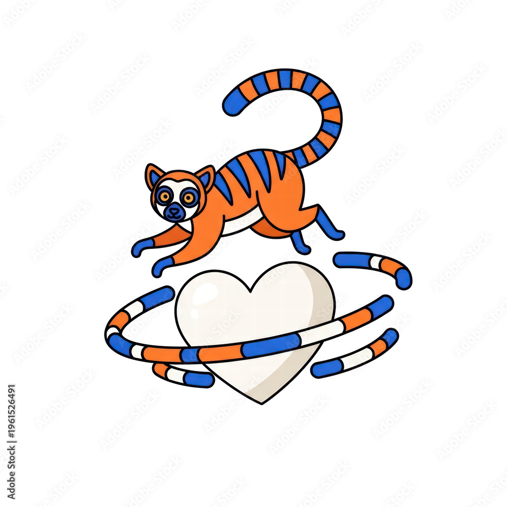 Fototapeta premium Colorful lemur jumping over heart hoops