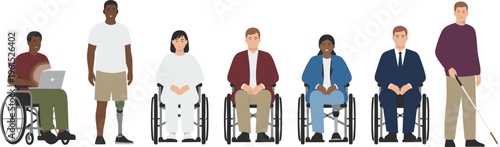 Diverse group of people with disabilities featuring wheelchair users prosthetic limbs and visually impaired man with white cane for inclusive design flat vector