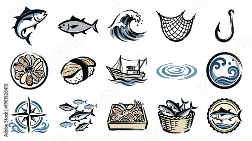 A collection of hand-drawn illustrations depicting various elements related to fishing and seafood, including fish, waves, nets, hooks, sushi, boats, and nautical symbols.