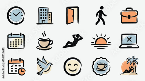 A collection of hand-drawn icons representing various aspects of daily life, work, and leisure activities.