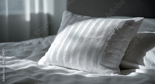 Sunlight streams across a soft, striped pillow on a rumpled white bed