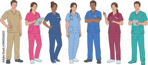 Diverse healthcare professionals and medical staff wearing colorful scrubs and stethoscopes for hospital clinic nursing and medical teamwork flat vector illustration