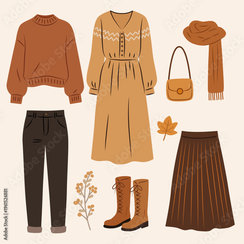 Autumn Fashion Elements Collection with Sweater Dress Boots and Accessories in Flat Style