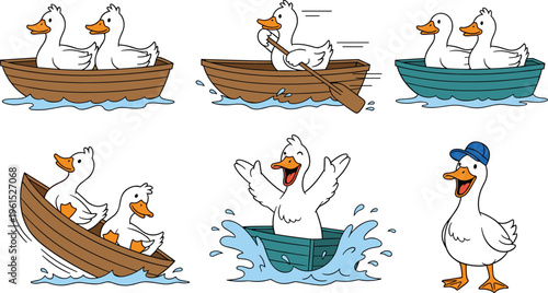 Cute Cartoon Duck Character Set Rowing Wooden Boats on Water Featuring Happy White Ducks in Different Poses Isolated on White Background for Children