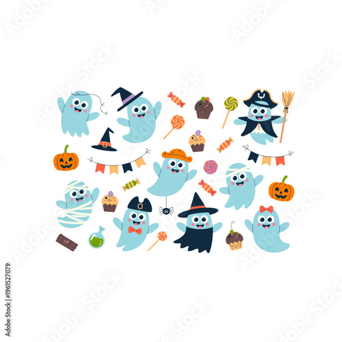 Cute Halloween ghost characters, cartoon spooky collection with candy pumpkins witches costumes, kids party vector illustration
